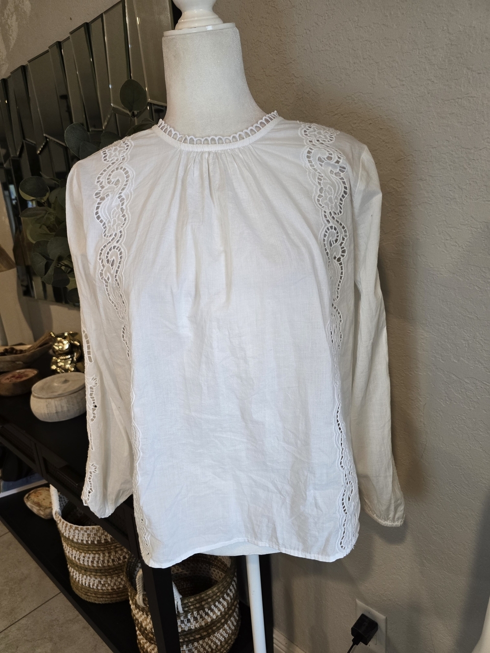 LOFT White Lace-Panel Long Sleeve Blouse